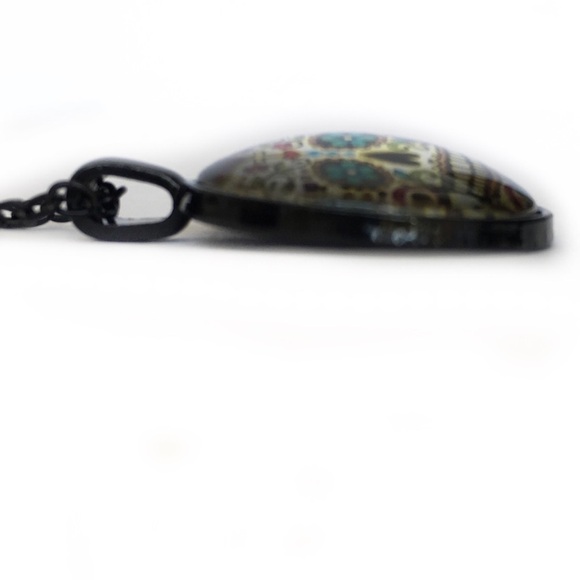 Sugar Skull Necklace Glass Cabochon Raised Glass Black 19 inch Chain Multicolor - Picture 6 of 10
